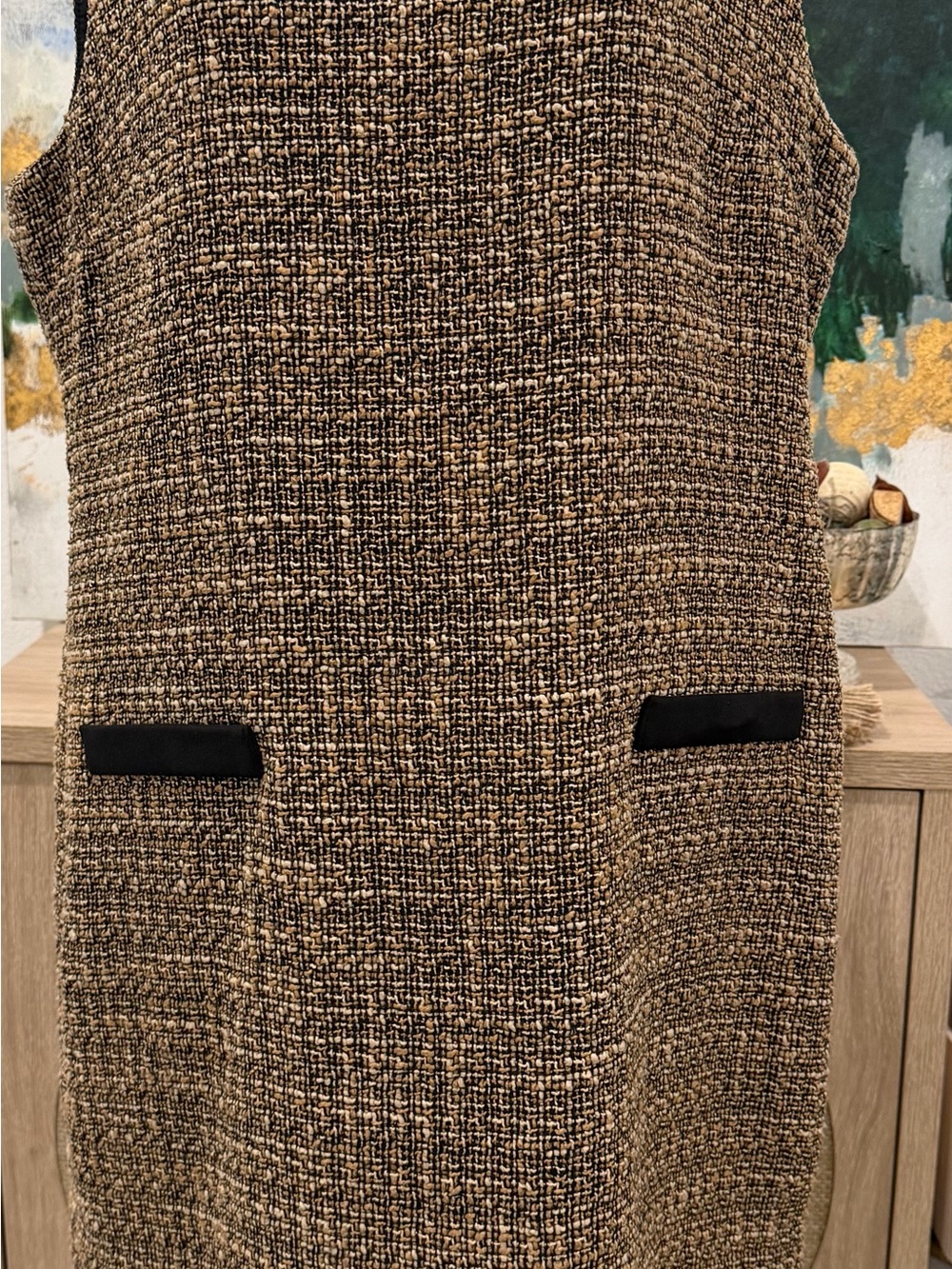 Classic Tweed Shift Dress in Brown with faux leather pockets and fringe hemline